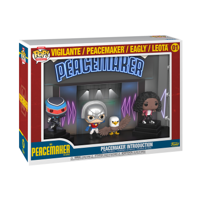 Conjunto de figuras Funko Pop! Peacemaker com capacete prateado, águia e personagem feminina em caixa