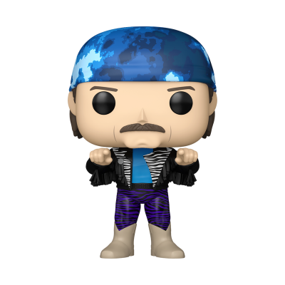 Figura colecionável estilo Funko Pop com bandana azul e roupa colorida