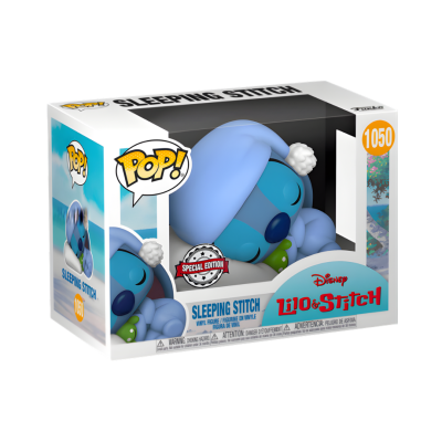 Figura POP! Stitch a dormir com gorro azul na caixa.
