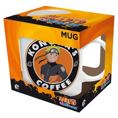 Caneca branca com imagem do Naruto e texto KONOHAS COFFEE embalada em caixa colorida