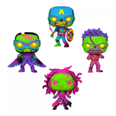 Funko POP! Marvel Studios What If...? Zombie Captain America / Zombie Iron Man / Zombie Falcon / Zombie Scarlet Witch 4 Pack Black Light Special Edition