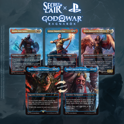 Cartas colecionáveis Secret Lair x PlayStation God of War Ragnarok com personagens Kratos, Atreus, Freya e cartas reversíveis Mimirs Ancient Wisdom