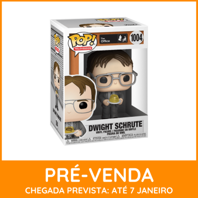 Figura Funko Pop Dwight Schrute The Office na caixa em fundo branco e moldura laranja.