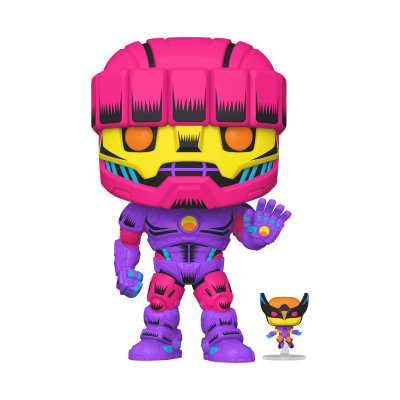 Funko Pop colorido rosa, roxo e amarelo com miniatura de personagem ao lado