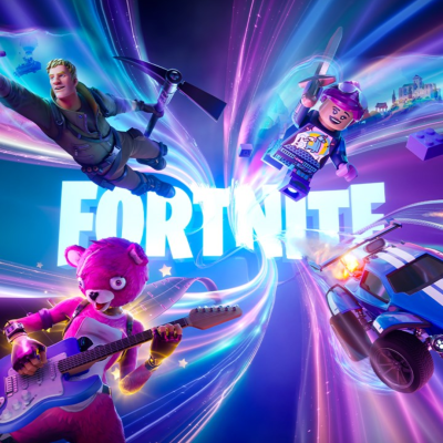 Promoção do jogo Fortnite com personagens em ação e texto grande