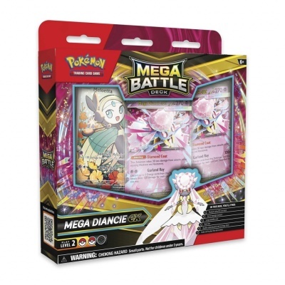 Pack do jogo de cartas Pokémon Mega Battle Deck Mega Diancie EX com cartas visíveis e embalagem colorida