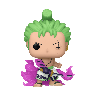 Figura Funko Pop de personagem com cabelo verde e chamas roxas