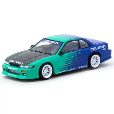 Miniatura de carro de corrida azul e verde com jantes brancas e logótipos Falken