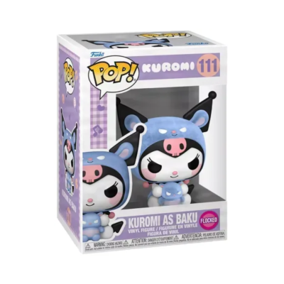 Figura vinyl Kuromi as Baku da coleção Funko POP! número 111 em caixa roxa com janela transparente.