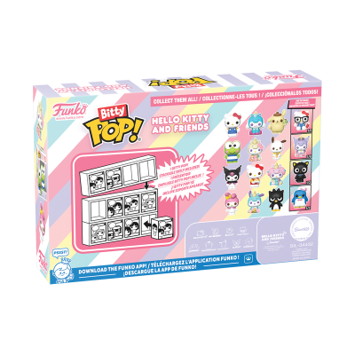 embalagem do Funko Bitty Pop! Hello Kitty and Friends mostrando personagens e instruções