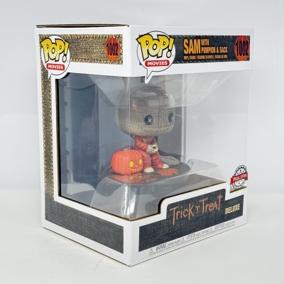 Figura Funko Pop! Sam com abóbora e saco em caixa transparente e decorada