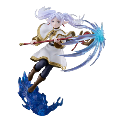 Figura colecionável de personagem feminina com túnica branca, botas castanhas e bastão com efeito mágico azul.