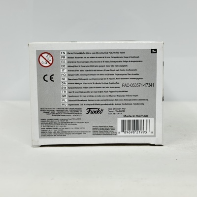 Embalagem Funko branca com texto de advertência e código de barras