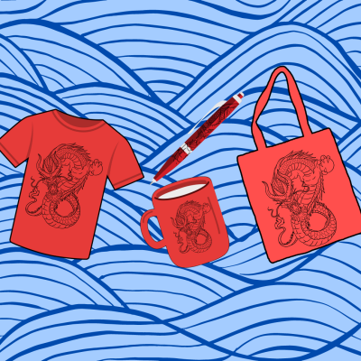 Produtos vermelhos com dragão preto sobre fundo azul ondulado