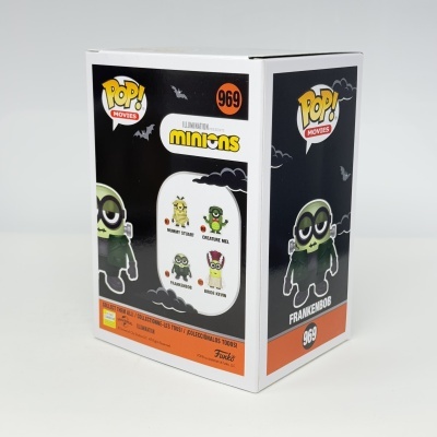Caixa Funko Pop! Movies número 969 Minions 'FrankenBob' com design preto, branco e laranja