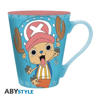 Caneca azul com personagem de desenho animado com chapéu rosa