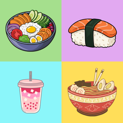 Quatro ilustrações coloridas de alimentos asiáticos, incluindo salada, sushi, bebida com bolhas e ramen