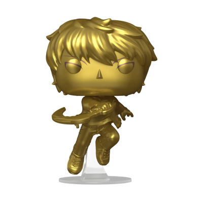Figura colecionável dourada estilo Funko Pop em pose dinâmica com base transparente