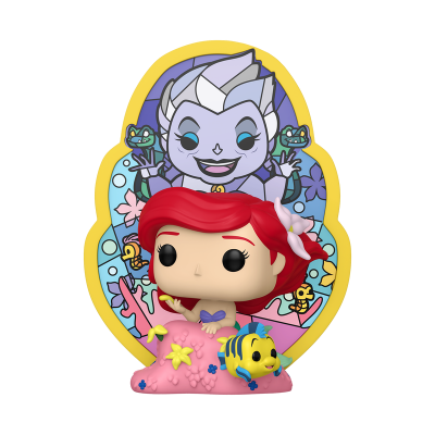 Figura Funko Pop da Ariel com peixe em tapete rosa e fundo com personagem lilás