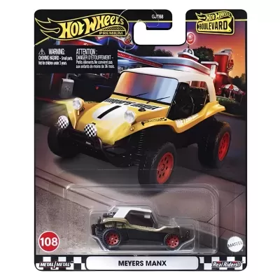 Miniatura de carro Meyers Manx Hot Wheels preto e amarelo em embalagem
