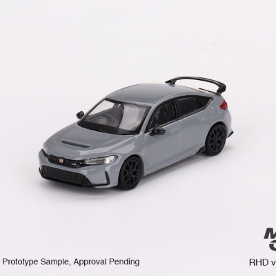 Miniatura de carro cinza Honda Civic Type R com rodas e spoiler pretos sobre fundo branco.