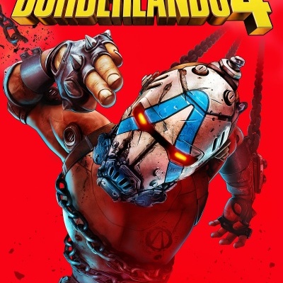 Capa do videojogo Borderlands 4 com personagem robótico em pose agressiva e fundo vermelho