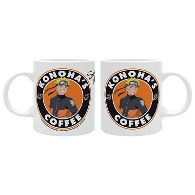 Duas canecas brancas com logo 'KONOHA'S COFFEE' e personagem ilustrada
