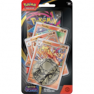 Pacote de cartas Pokémon com 3 cartas, medalha metálica e embalagem colorida.