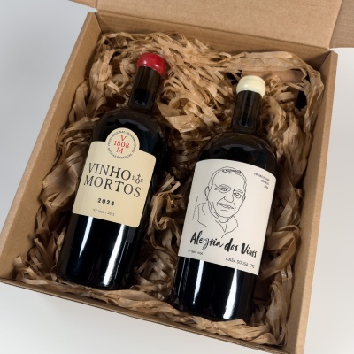 Duas garrafas de vinho em caixa de cartão com enchimento de papel castanho.