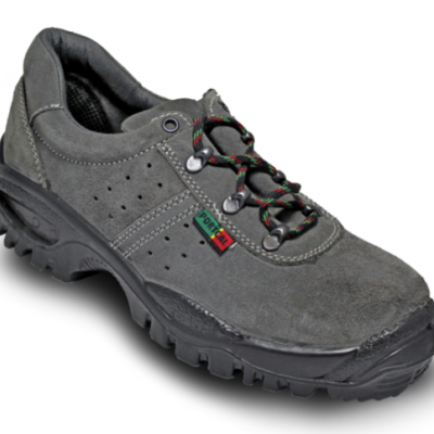 Sapato de segurança cinzento com sola preta e atacadores tricolores