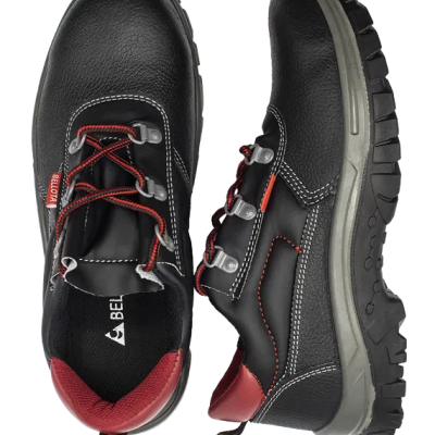 Sapatos de segurança pretos com detalhes vermelhos e sola cinza