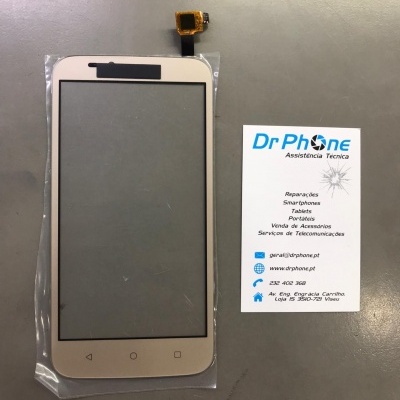 Ecrã táctil dourado para smartphone com cartão de visita ao lado