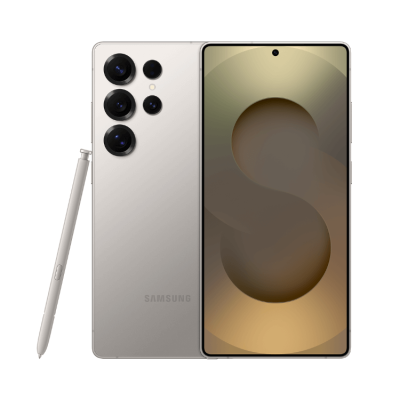 Smartphone Samsung prateado com caneta S Pen ao lado e ecrã com orifício para câmara frontal