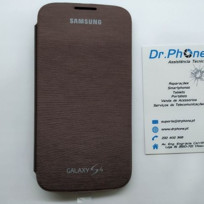 Capa castanha para Samsung Galaxy S4 ao lado de cartão de visita da Dr.Phone