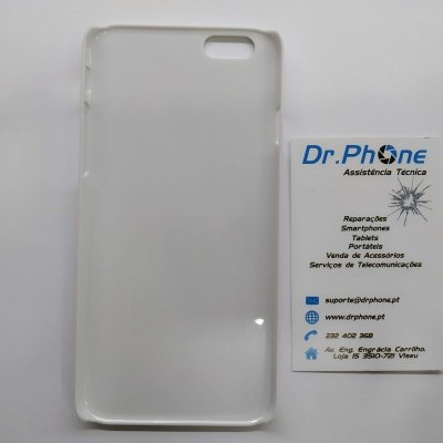 Capa branca translúcida de telemóvel ao lado de cartão de visita da Dr.Phone