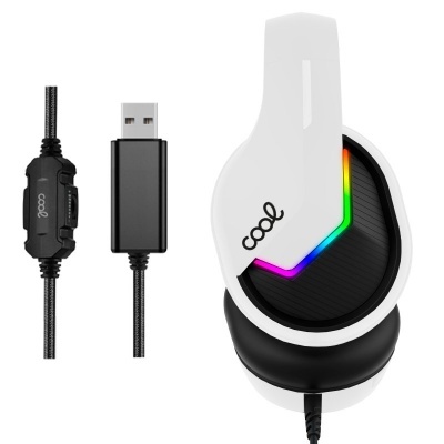 Auricular preto e branco com cabo USB e iluminação LED colorida