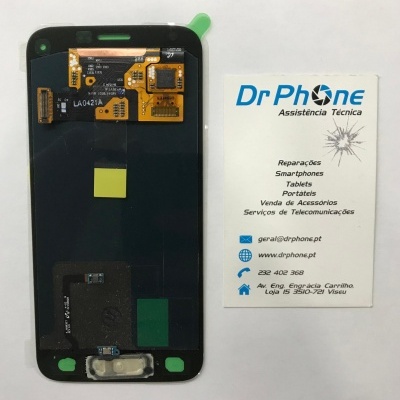 Ecrã de smartphone desmontado e cartão de visita Dr Phone Assistência Técnica.