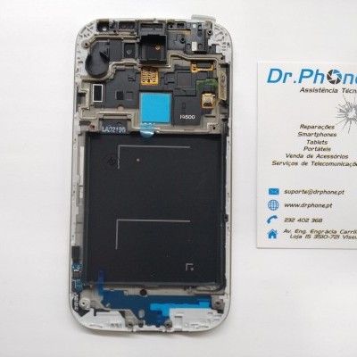 Telemóvel aberto com componentes visíveis e cartão de visita Dr.PHONE