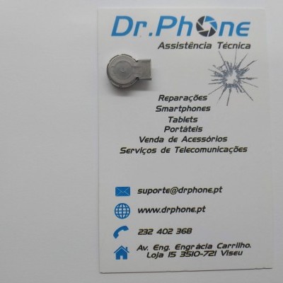 Cartão de visita branco com texto informativo sobre assistência técnica Dr. Phone.