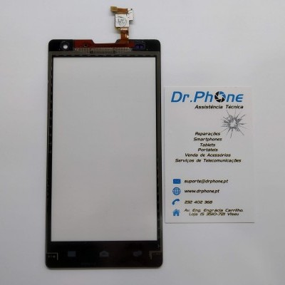 Ecrã tátil preto para smartphone ao lado de cartão de assistência técnica Dr.Phone