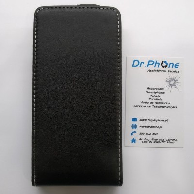 Capa protetora preta para smartphone ao lado de cartão de visita Dr.PHONE