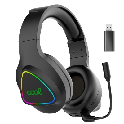 Auricular sem fios preto com microfone flexível e iluminação LED colorida, receptor USB