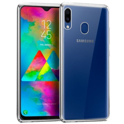 Smartphone Samsung azul com capa transparente e ecrã colorido