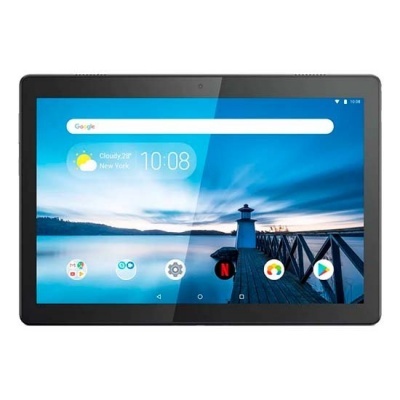 Tablet preto com ecrã tátil mostrando imagem de pier e farol ao pôr do sol