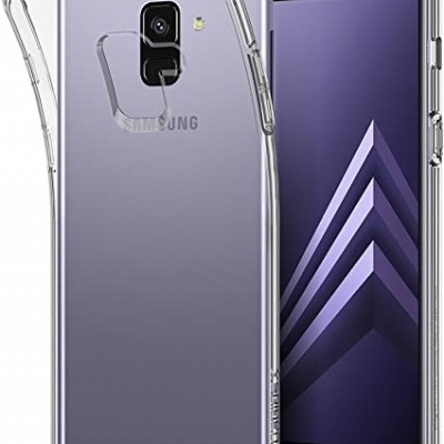 Smartphone Samsung roxo com capa protetora transparente e ecrã frontal com padrão geométrico