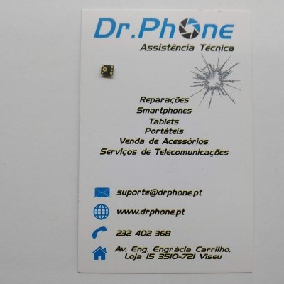 Cartão de visita branco da Dr.Phone Assistência Técnica com texto e logotipo em azul e preto