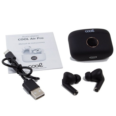 Auriculares COOL Air Pro pretos com estojo, cabo USB e manual