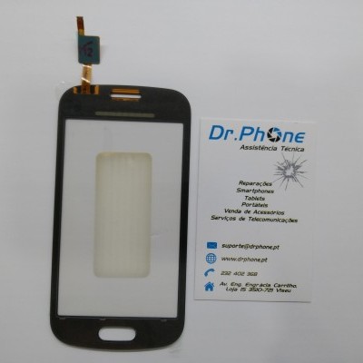 Ecrã frontal preto para smartphone com botão físico oval e cartão técnico Dr. Phone em fundo branco