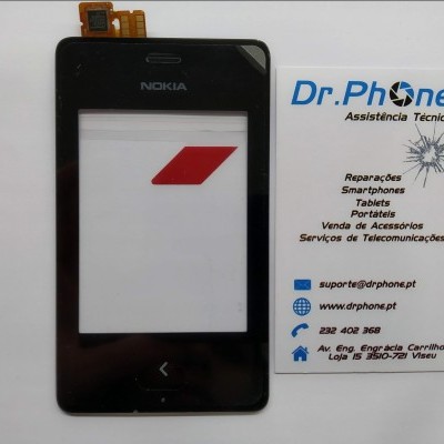 Smartphone preto Nokia com cartão e cartão de visita da Dr.Phone