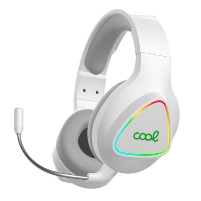 Auricular branco com microfone, iluminação colorida e texto 'cool'.